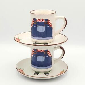Vintage Whimsical Mug & Saucer Set – Pair of Folk Art Cups with Overalls Design